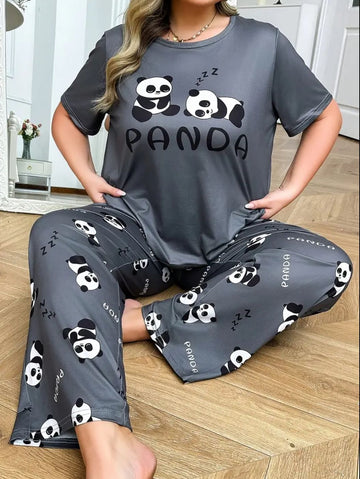 0000   Grey Panda Printed Half Sleeves T-shirt With Panda Printed Pajama Suit