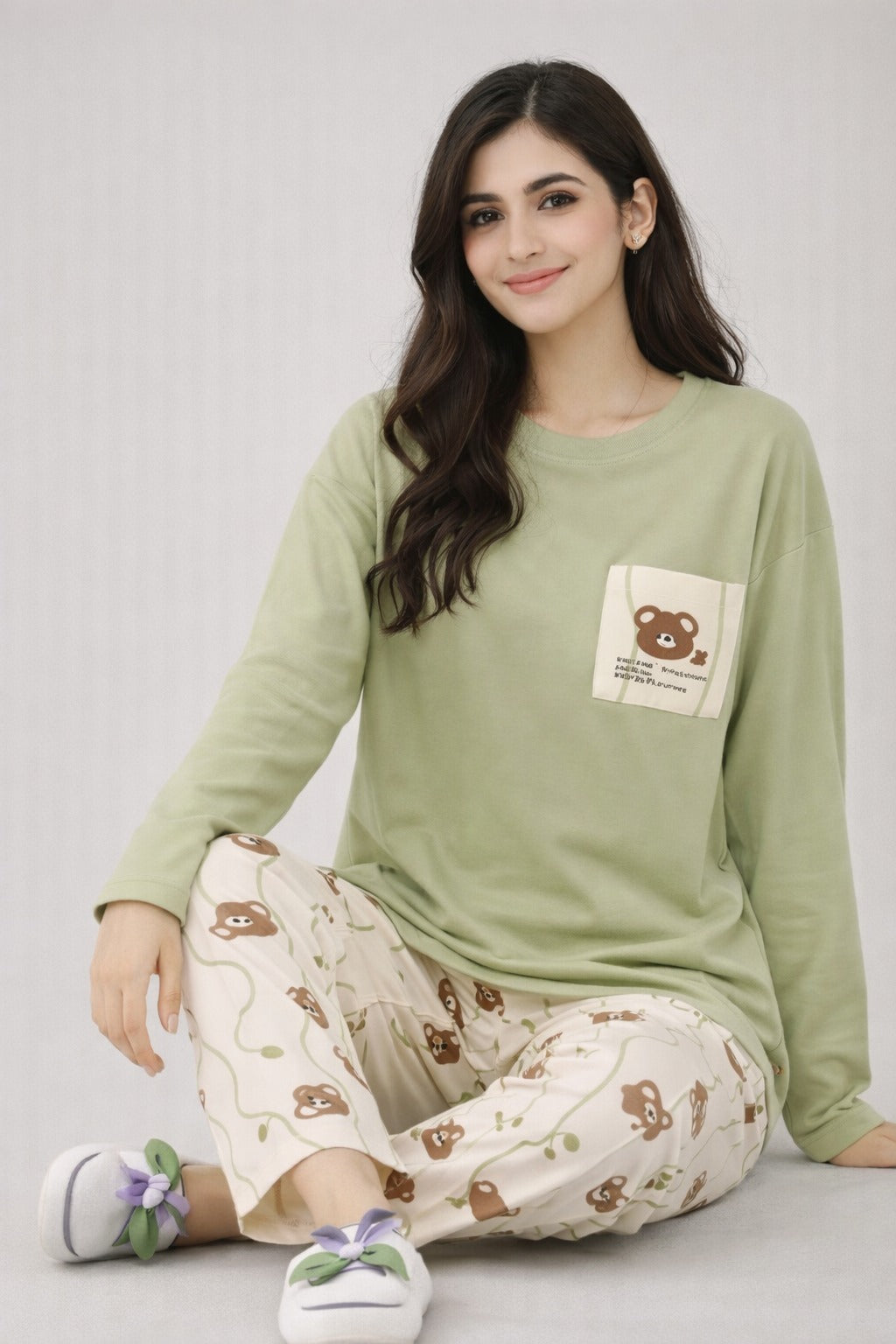0000   Olive Green Brown bear Printed Full Sleeves T-shirt With Bear  Printed Pajama Suit