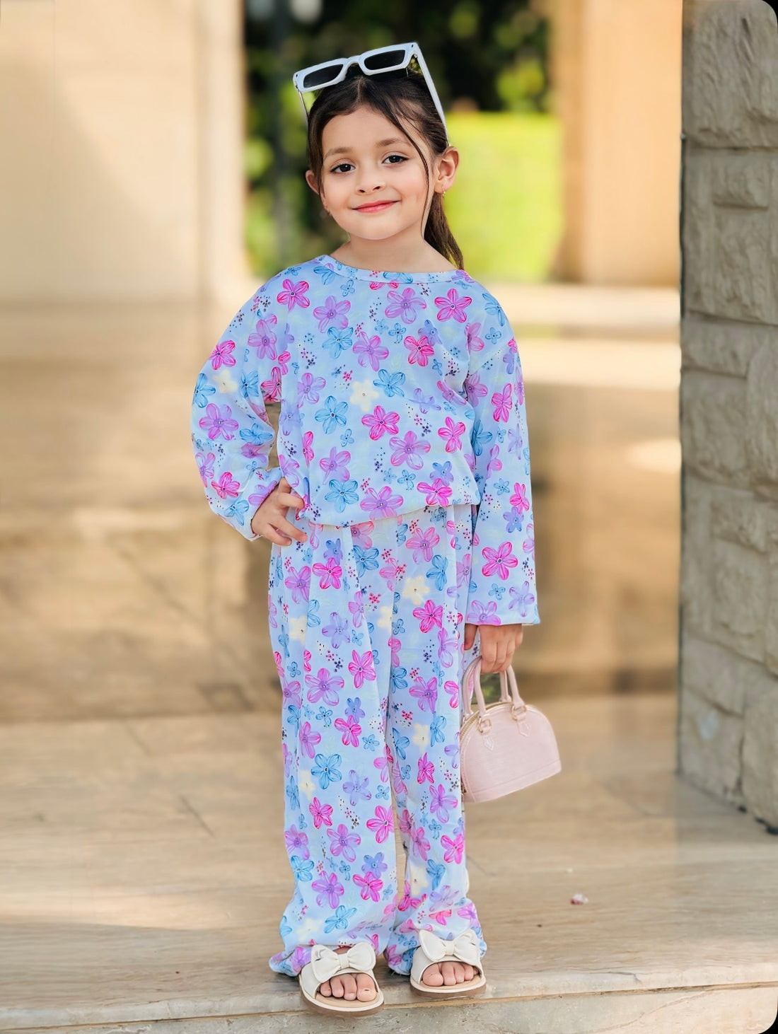 0000           Offwhite Big Flowers Printed Full Sleeves T-shirt with Flowers Pajama Kids Suits