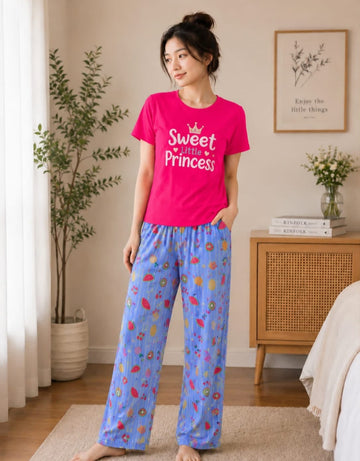 0000                   Hot Pink Sweet Princess Printed Half Sleeves T-shirt With Blue Printed Pajama Suit