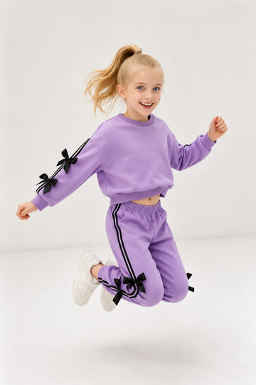 0000      Lilac Bow Strip Printed Sweatshirt With Lilac Bow  Printed Fleece Trouser