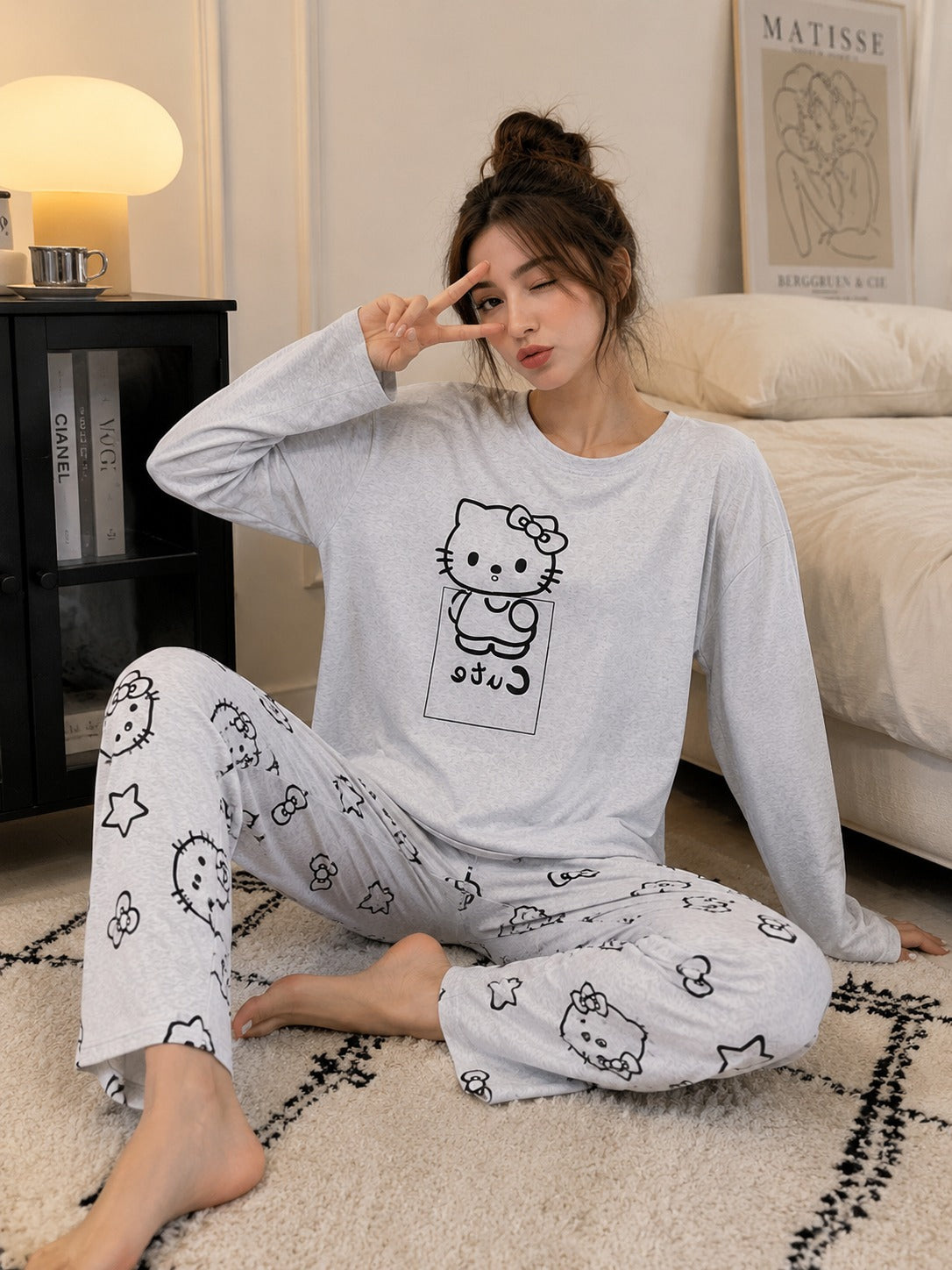 0000                  Grey Kitty Printed Full Sleeves T-shirt With Kitty Printed Pajama Suit