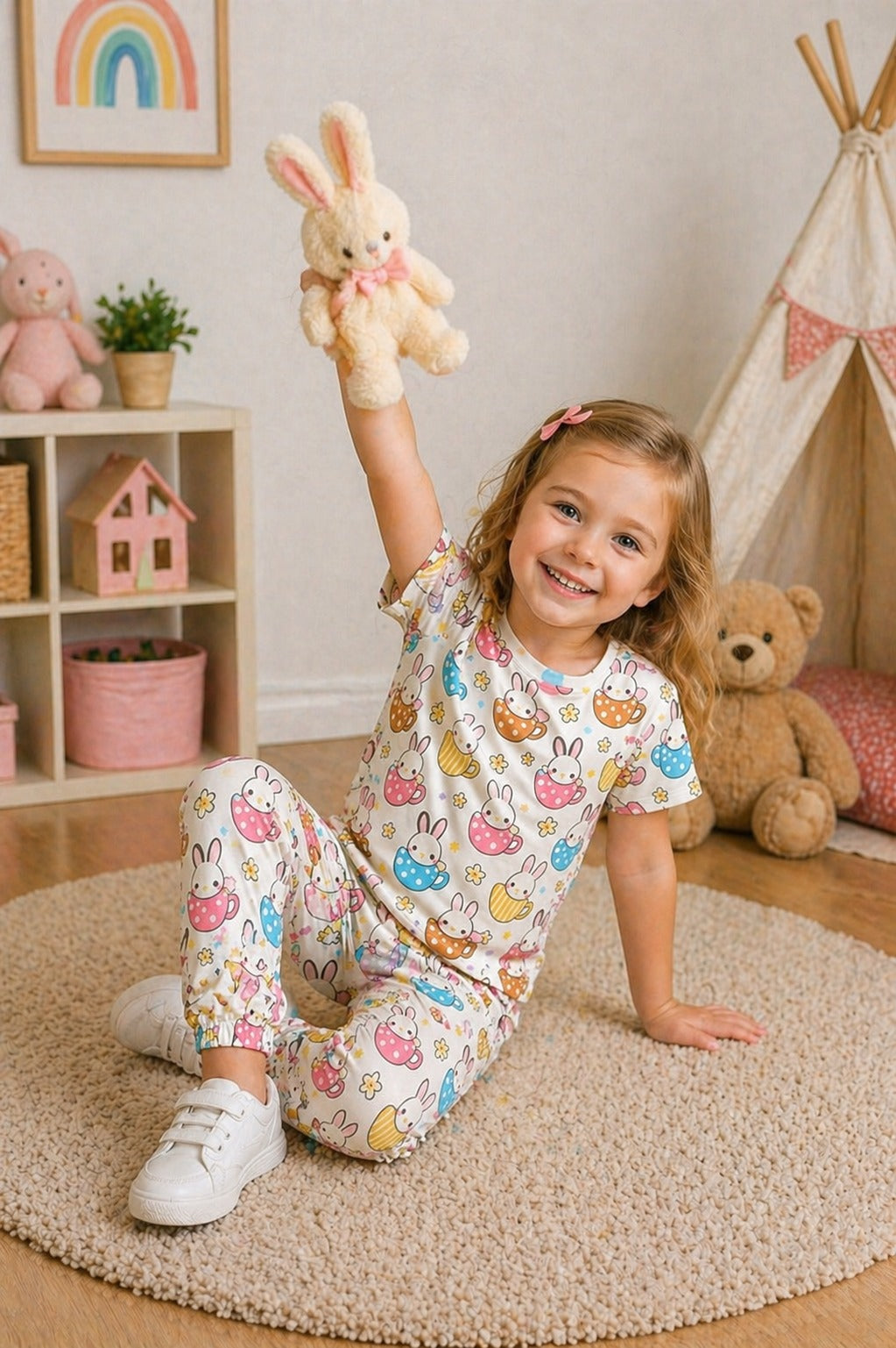 0000            Offwhite multi Rabbit  Printed Half Sleeves T-shirt with Multi Rabbit Digital Printed Pajama Kids Suits