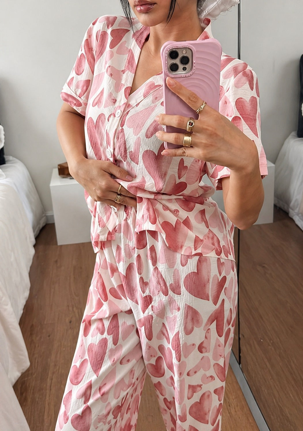 0000           Rose Pink All Over Big Hearts Printed Front Button Style For Her