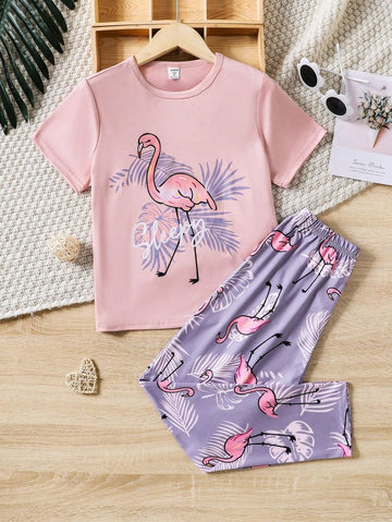 0000              Baby Pink sleepy Duck Printed Half Sleeves T-shirt with lilac Printed  Pajama Kids Suits