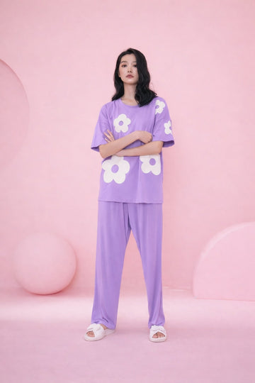 0000   Lilac White Heart Printed Half Sleeves T-shirt With Lilac Plain Pajama Suit