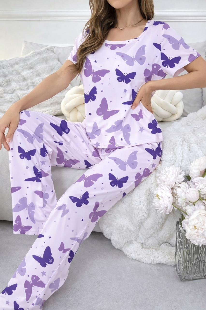 0000   Lilac All Over Butterfly Printed Half Sleeves T-shirt With Butterfly Printed Pajama Suit