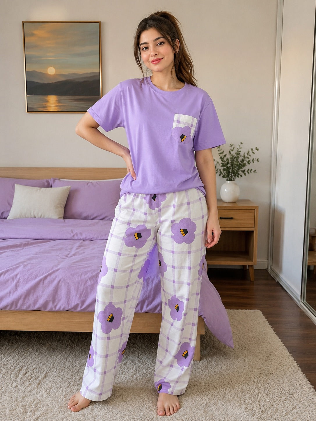 0000                  Lilac Check flower Pocket Printed Half Sleeves T-shirt With Check Flower Printed  Pajama Suit