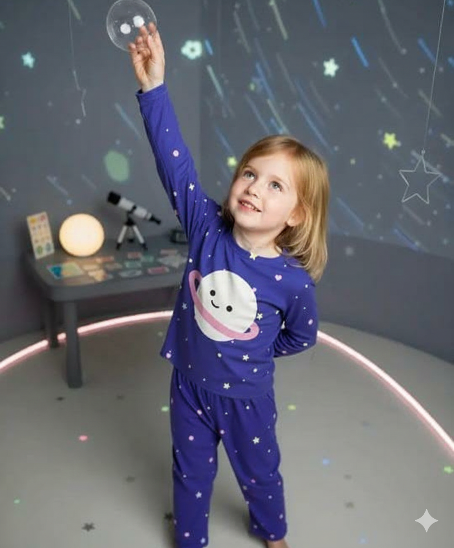 0000    Purple Moon Star Printed Half Sleeves T-shirt with Printed Pajama Kids Suits
