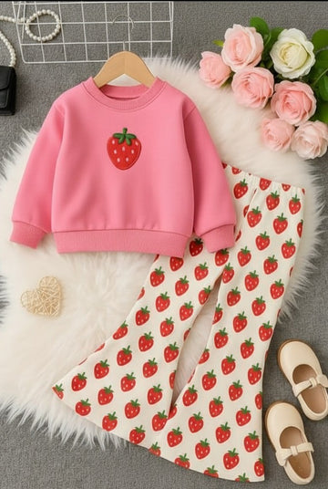 0000  Baby Pink Strawberry Printed Sweatshirt With Strawberry Printed Fleece Trouser Tracksuit For Kids