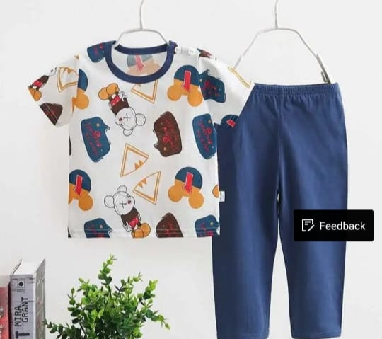 Baba Offwhite Multi Bear Printed Half Sleeves T-shirt with Blue Plain Pajama Kids Suits (1 Pcs)