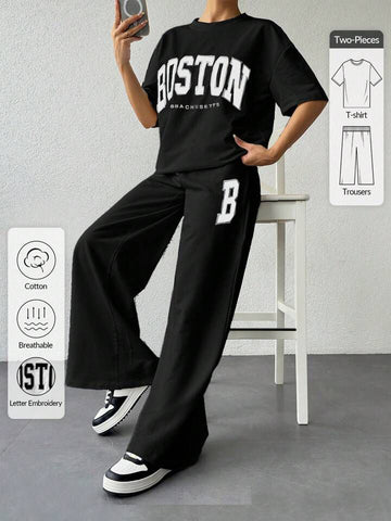 0000         Black Boston Printed Half Sleeves T-shirt With B Printer Looss  Pajama Suit
