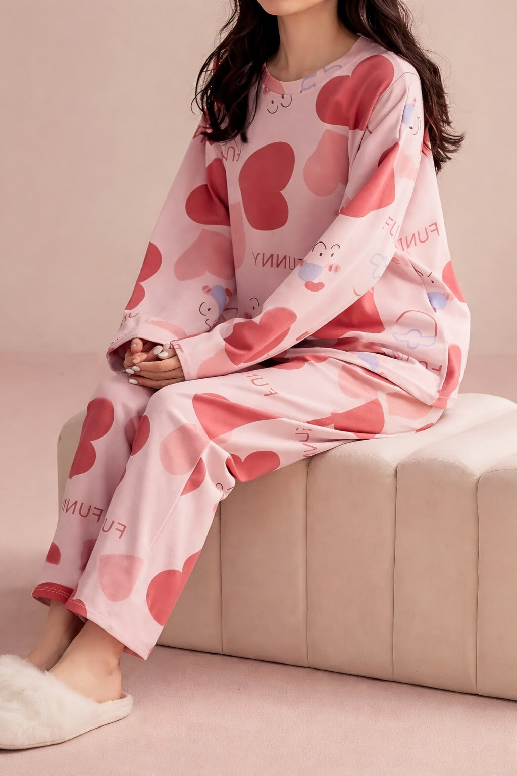0000   Peach All over Heart  Printed Full Sleeves T-shirt With Heart Printed Pajama Suit