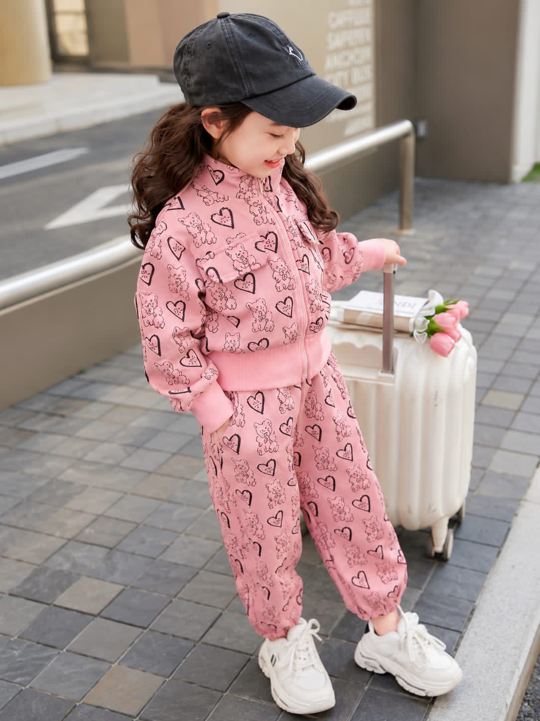0000          Pink Teddy Bear Printed Zipper Kids Tracksuit