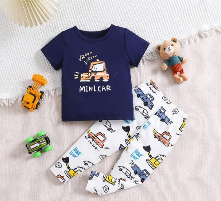 Baby or Baba Navy Blue Mini Car Printed Half Sleeves T-shirt with Car Printed Pajama Kids Suits (1 Pcs)