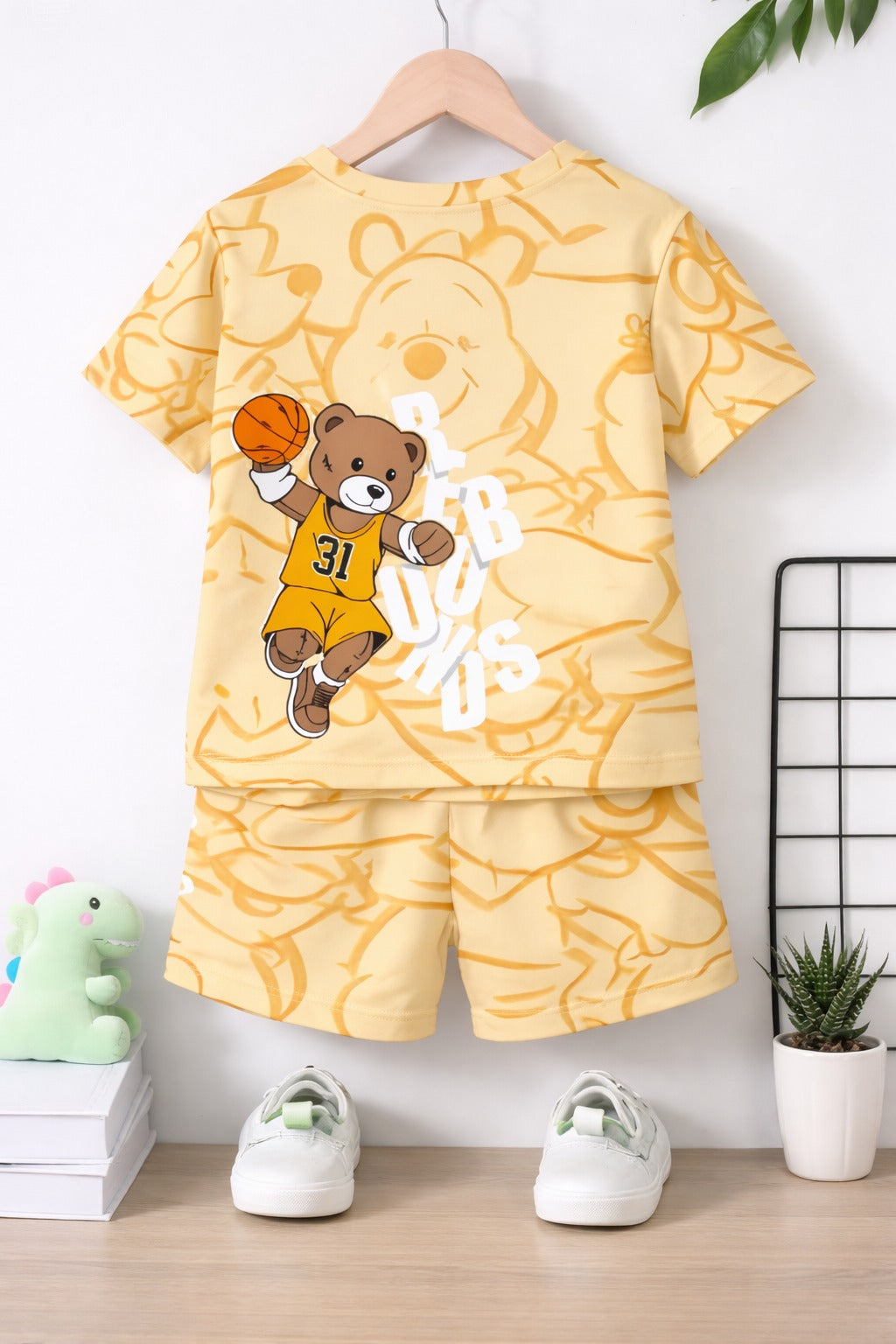 0000   Yellow Basket Ball Bear Printed Half Sleeves T-shirt with Printed Shorts Kids Suits