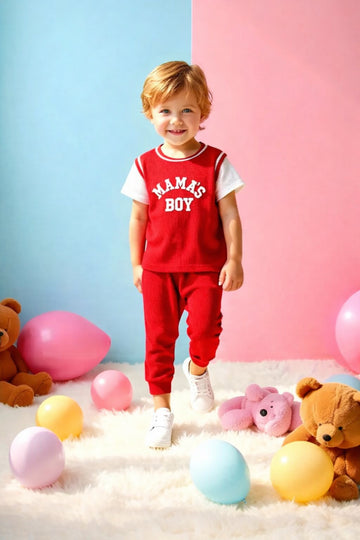 0000    Red Mama BoyPrinted Half Sleeves T-shirt with Palin Pajama Kids Suits
