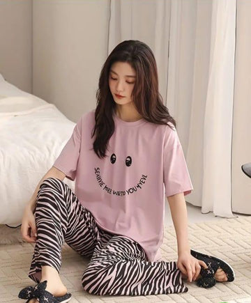 0000   Peach Smiley Printed Half Sleeves T-shirt With cheetah Printed Pajama Suit