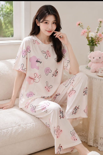 0000                    Offwhite Multi Rabbit Printed Half Sleeves T-shirt With Multi Rabbit Printed Pajama Suit