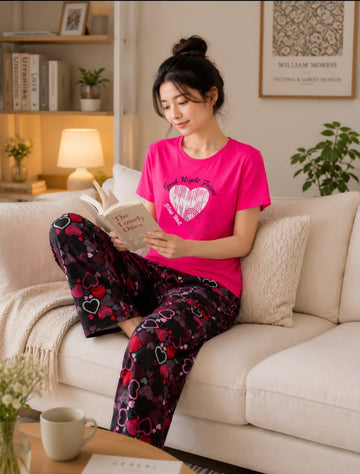 0000                   Hot Pink Hearts Printed Half Sleeves T-shirt With Black Heart Printed Pajama Suit