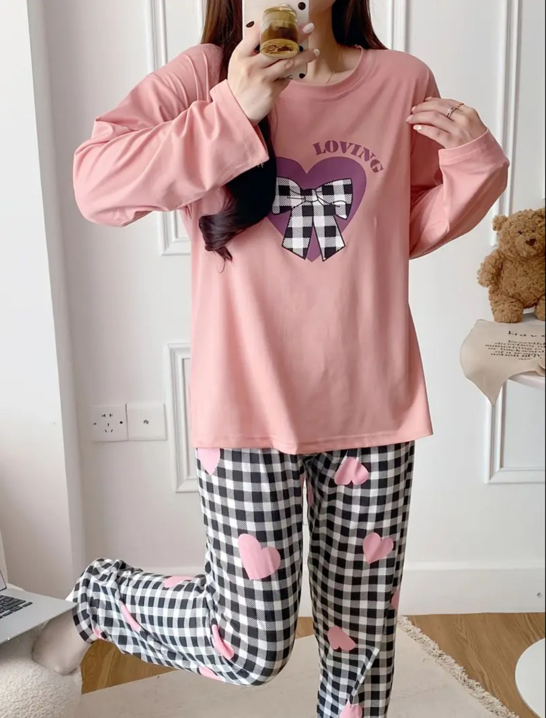 0000  Pink Check Bow Heart  Printed Full Sleeves T-shirt With Check  Printed Pajama Suit