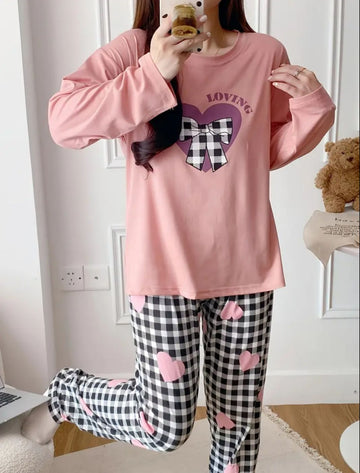 0000  Pink Check Bow Heart  Printed Full Sleeves T-shirt With Check  Printed Pajama Suit