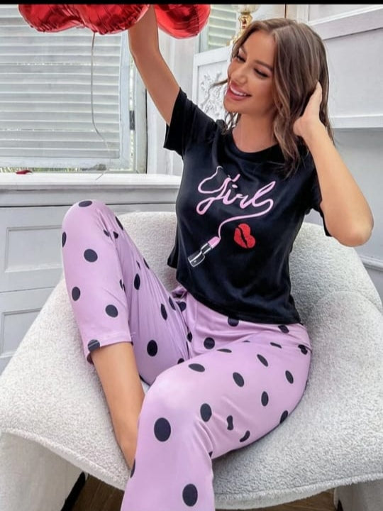 0004 Black Girl Lipstick Printed Half Sleeves T-shirt With Lilac Polka dot Pajama Suit