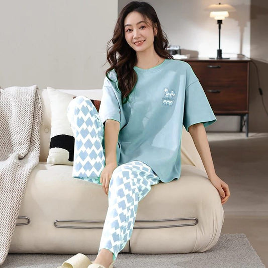 Blue Rabbit Print Half Sleeves T-shirt With Printed Pajama Suit