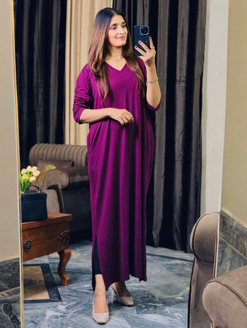 0000                 Mahroon V-Neck Fluid Long Tees for Woman (Two sides Pockets)