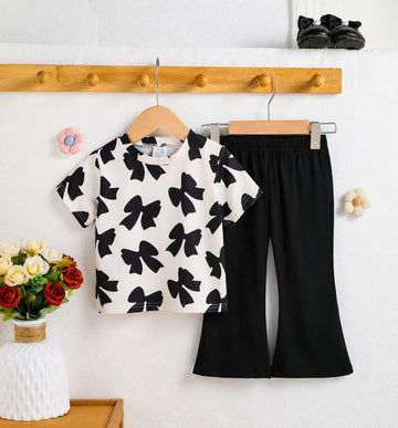 0000           Offwhite Black Bow Printed Half Sleeves T-shirt with Bottle Black Pajama Kids Suits