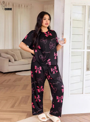 0000       Black All over Bow Printed Half Sleeves T-shirt With Panda Printed Pajama Suit