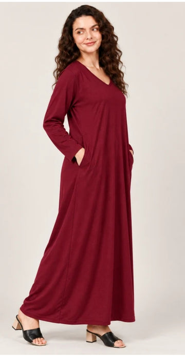 0000               Mahroon V-Neck Fluid Long Tees for Woman (Two sides Pockets)