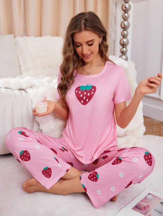 0003 Baby Pink Strawberry Printed Half Sleeves T-shirt With Strawberry Printed Pajama Suit