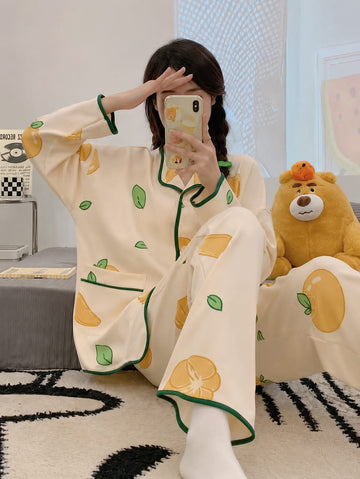0000           Offwhite Lemon & Leaves Printed Front Button Style For Her