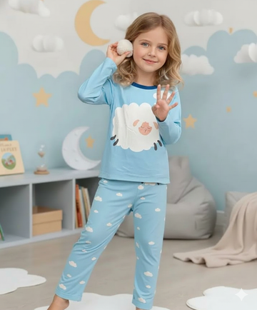 0000    Sky Blue Sheep Printed Full Sleeves T-shirt with Printed Pajama Kids Suits