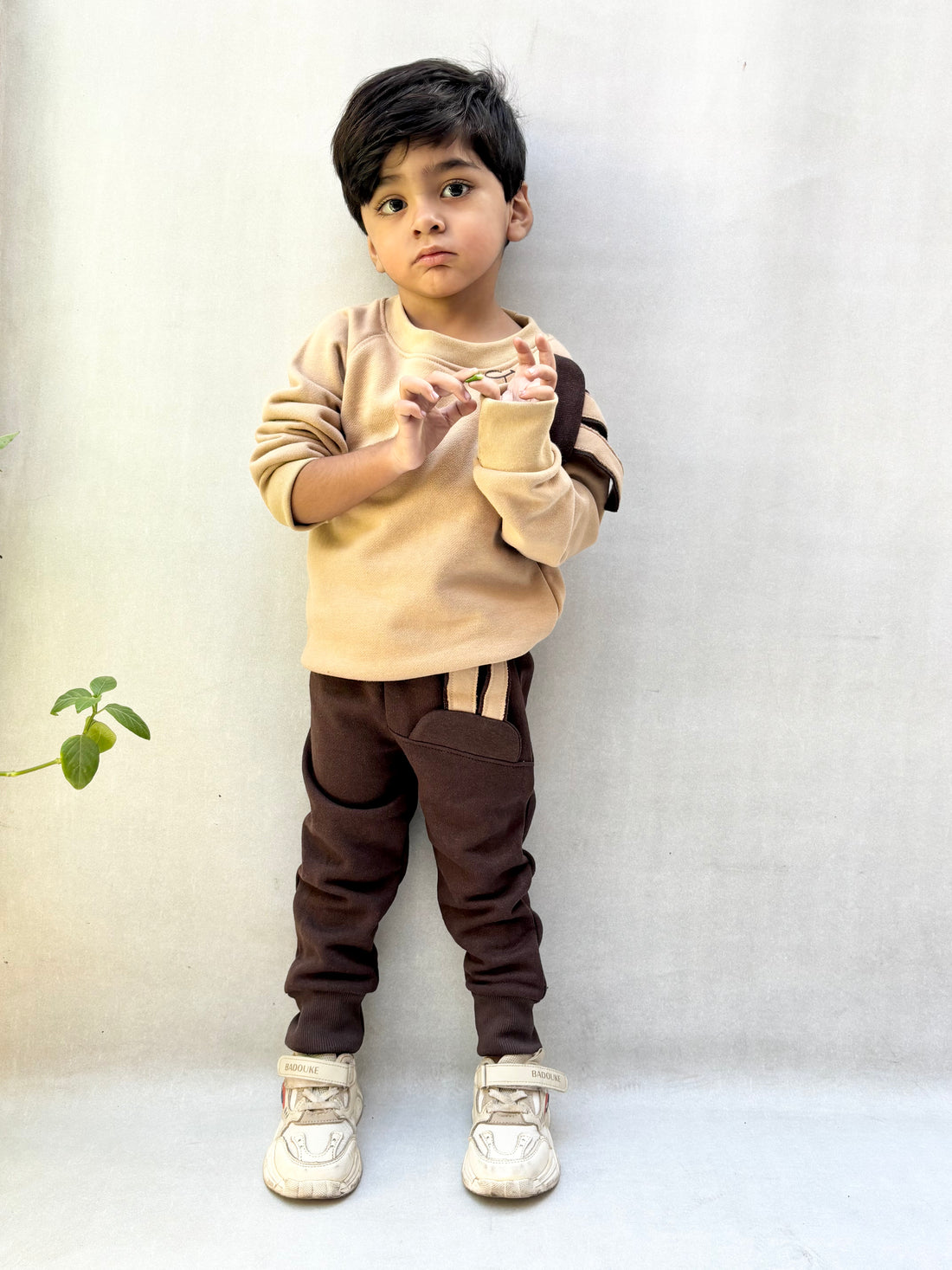 0000   Camel Brown Fleece-Lined Winter Outfit Cute Rabbit design Sweatshirt With Cute Rabbit lined Trouser Tracksuit For Kids