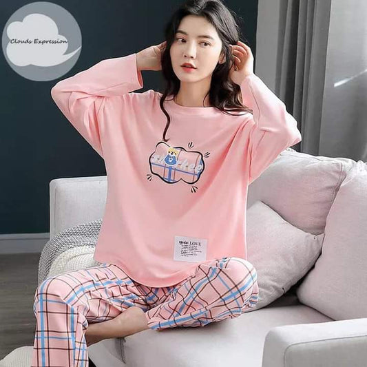 023 Pink Cloud Printed Full Sleeves T-shirt With Printed Pajama Suit