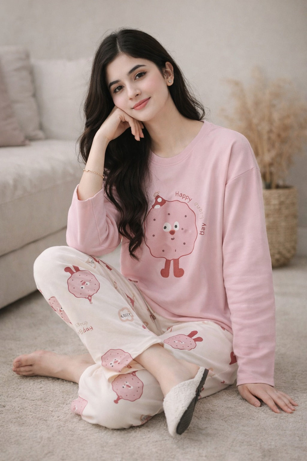 0000   Baby Pink Happy Every Day Printed Full Sleeves T-shirt With Printed Pajama Suit