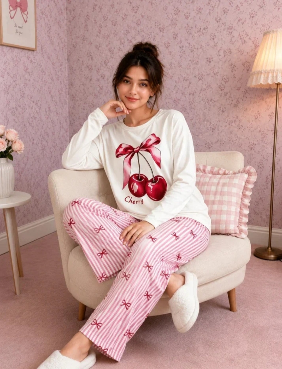 0000                   Offwhite Sweet Cherry Printed Full Sleeves T-shirt With Lining Bow Printed Pajama Suit