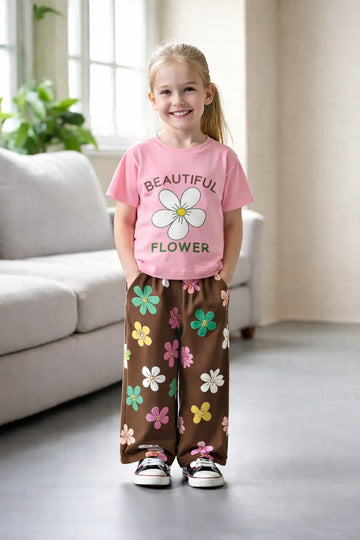 0000         Baby Pink Beautiful Flower Printed  Half Sleeves T-shirt with Brown Multi Flower Printed Pajama Kids Suits