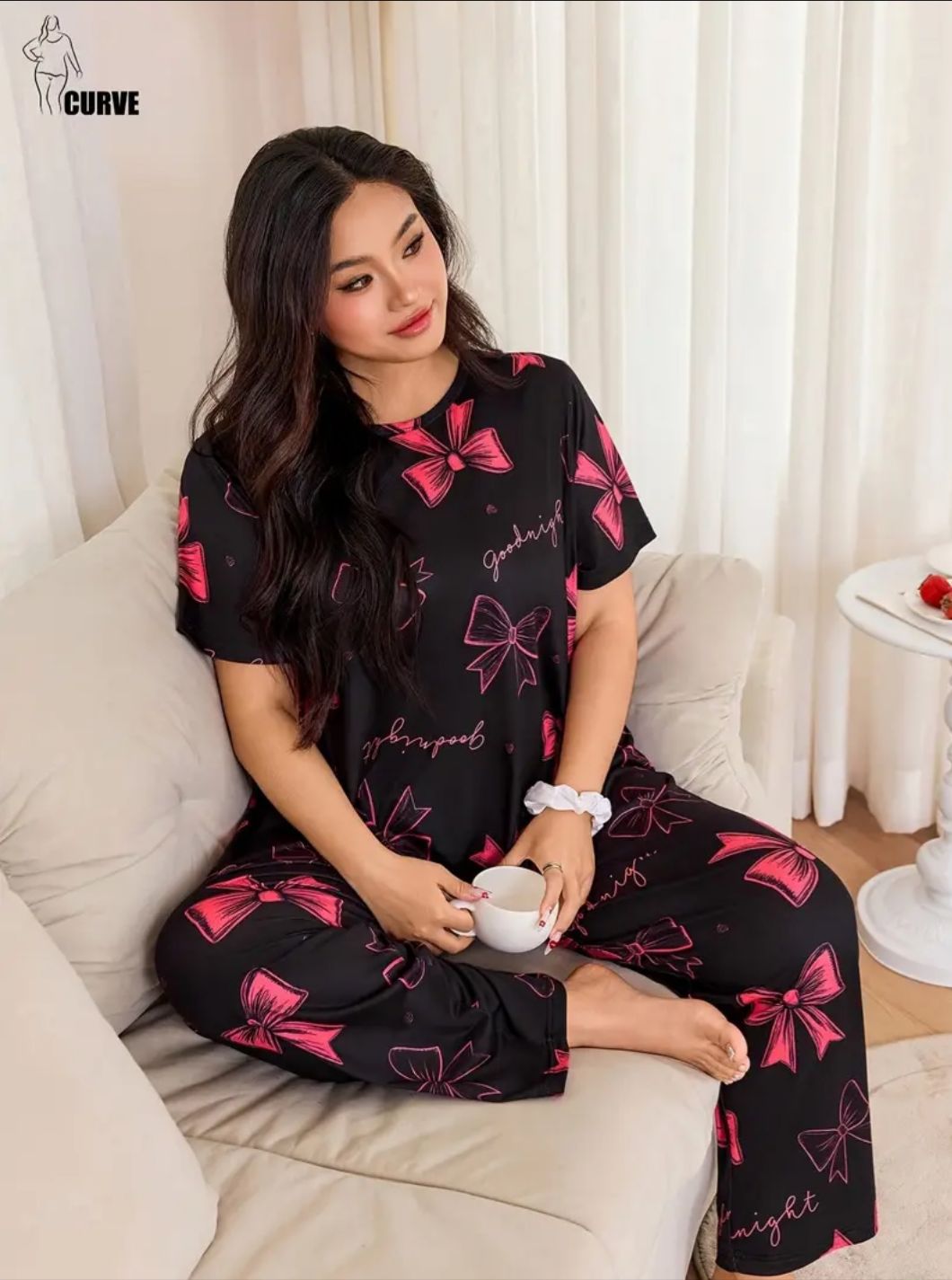 0000       Black All over Bow Printed Half Sleeves T-shirt With Panda Printed Pajama Suit