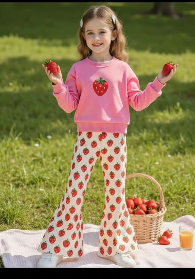 0000  Baby Pink Strawberry Printed Sweatshirt With Strawberry Printed Fleece Trouser Tracksuit For Kids