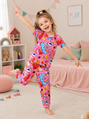 0000             Baby Pink Funkey Half Sleeves T-shirt with Flower Printed  Pajama Kids Suits (Polyester)
