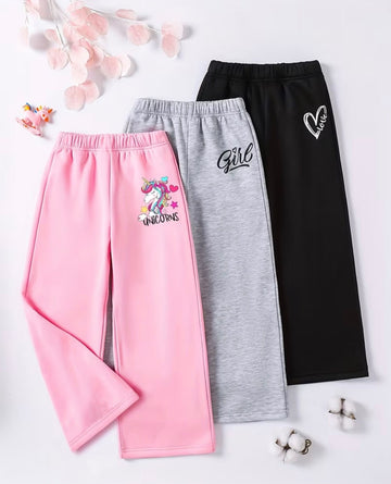 0000                 Printed  Pack of 3 Multi Fleece Trousers For Kids (Black,Pink,Grey)(Unicorn,Girl,Heart)