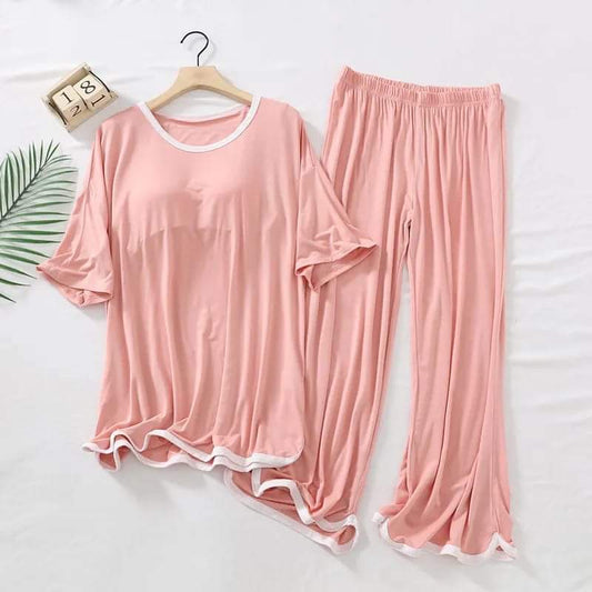 Baby Pink Lounge Wear Half Sleeves T-shirt With Loose Pajama Suit