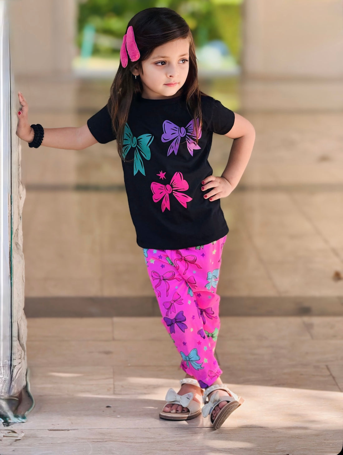 0000          Black 3 Bow Printed  Half Sleeves T-shirt with Lilac Bow Digital Printed Pajama Kids Suits