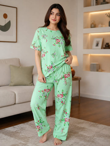 0000                   Sea Green Floral Printed Half Sleeves T-shirt With Floral Printed Pajama Suit