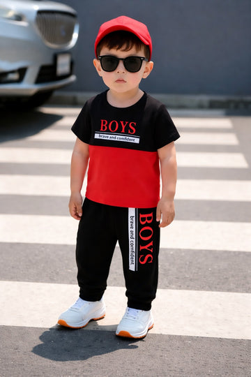 0000    Black Red Boys Printed Half Sleeves T-shirt with Black Printed Pajama Kids Suits