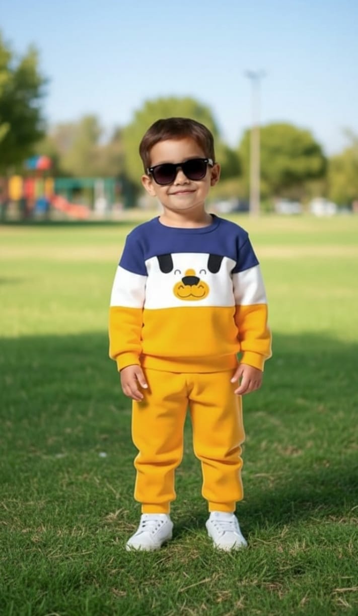 0000  Yellow Multi Bear Printed Sweatshirt With Yellow Fleece Trouser Tracksuit For Kids