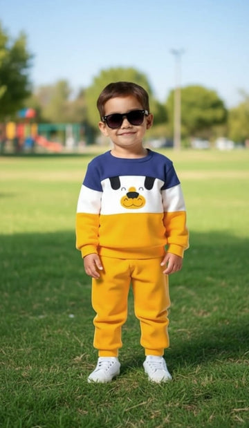 0000  Yellow Multi Bear Printed Sweatshirt With Yellow Fleece Trouser Tracksuit For Kids